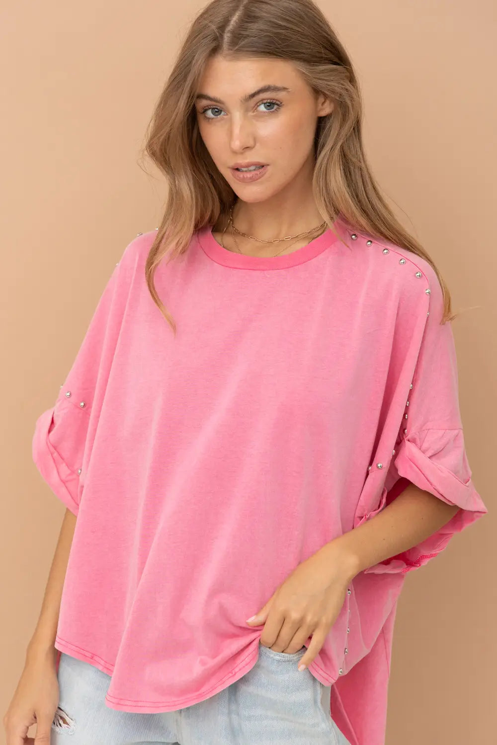 Pink Garment Washed Roll Up Sleeve Studded High Low Tee