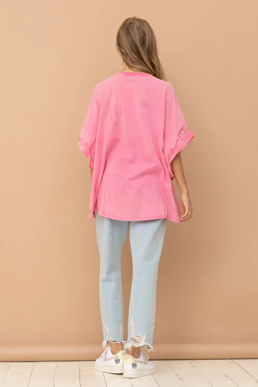 Pink Garment Washed Roll Up Sleeve Studded High Low Tee
