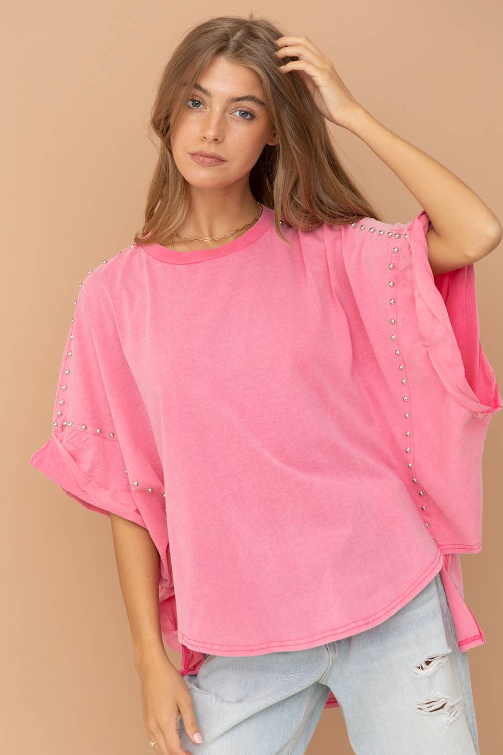Pink Garment Washed Roll Up Sleeve Studded High Low Tee