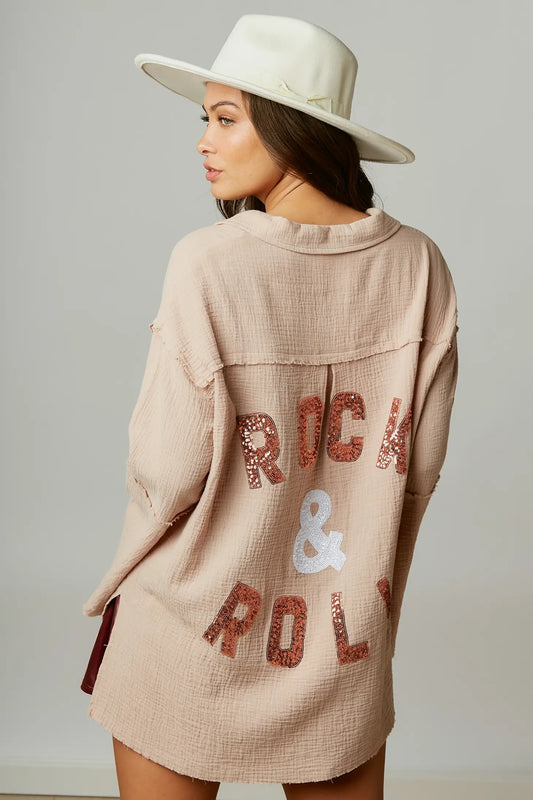 Sequin Rock & Roll Patch Oversize Shirt