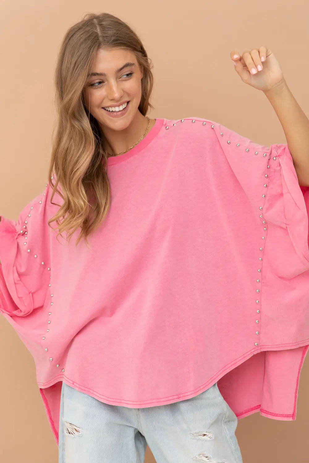 Pink Garment Washed Roll Up Sleeve Studded High Low Tee