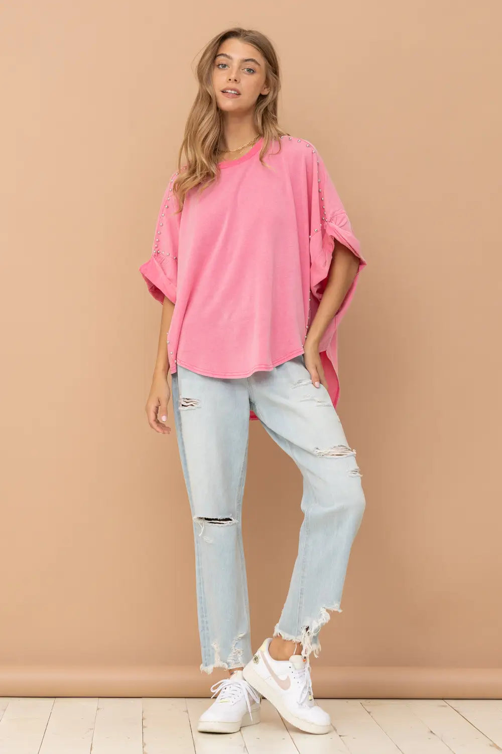 Pink Garment Washed Roll Up Sleeve Studded High Low Tee