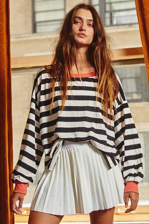 Striped balloon sleeve blouse