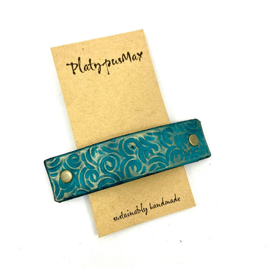 Large Turquoise & Gold Leather Barrette with Rustic Spirals Texture