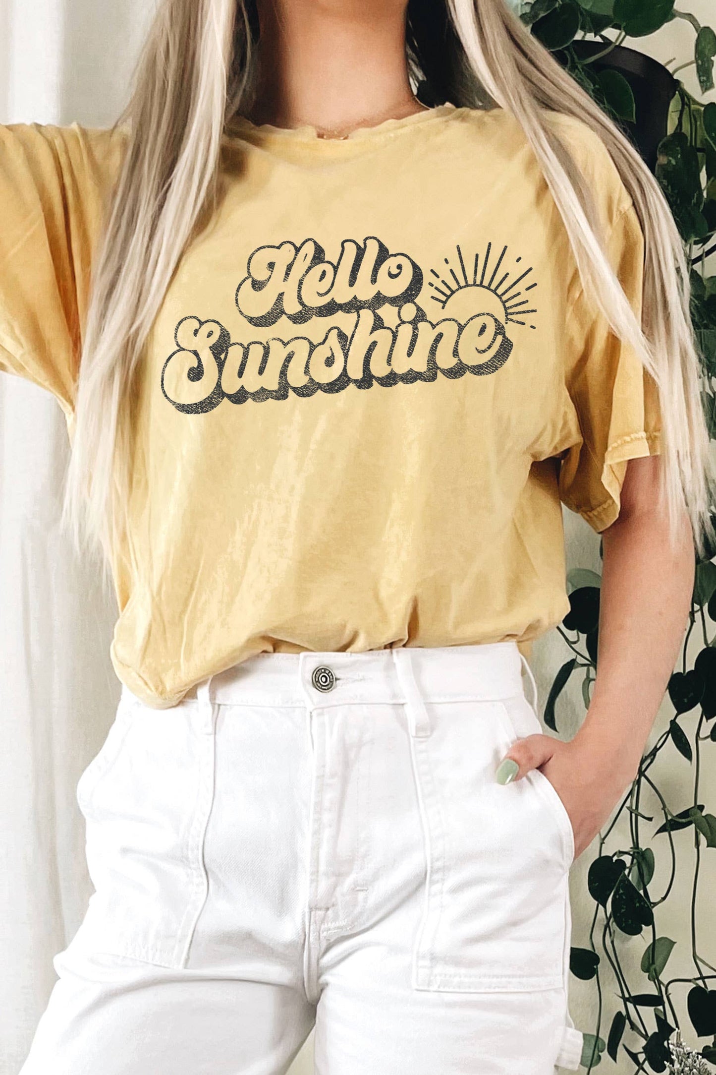 HELLO SUNSHINE GRAPHIC MINERAL LONG CROP TOP