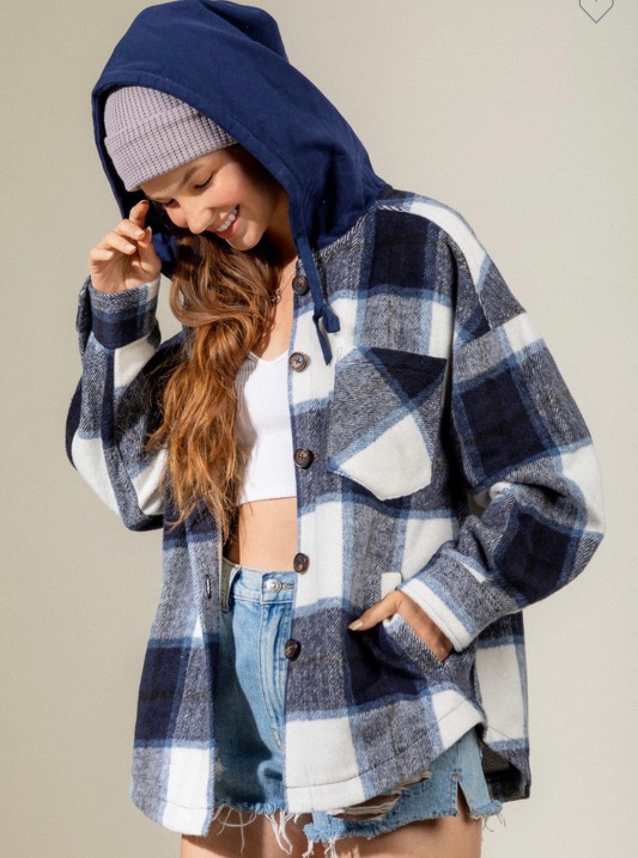 Navy Flannel hooded shacket