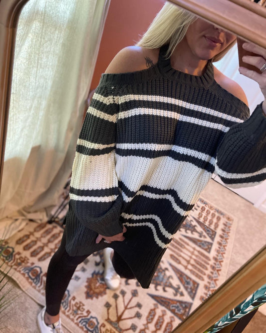 STRIPED COLD SHOULDER SWEATER