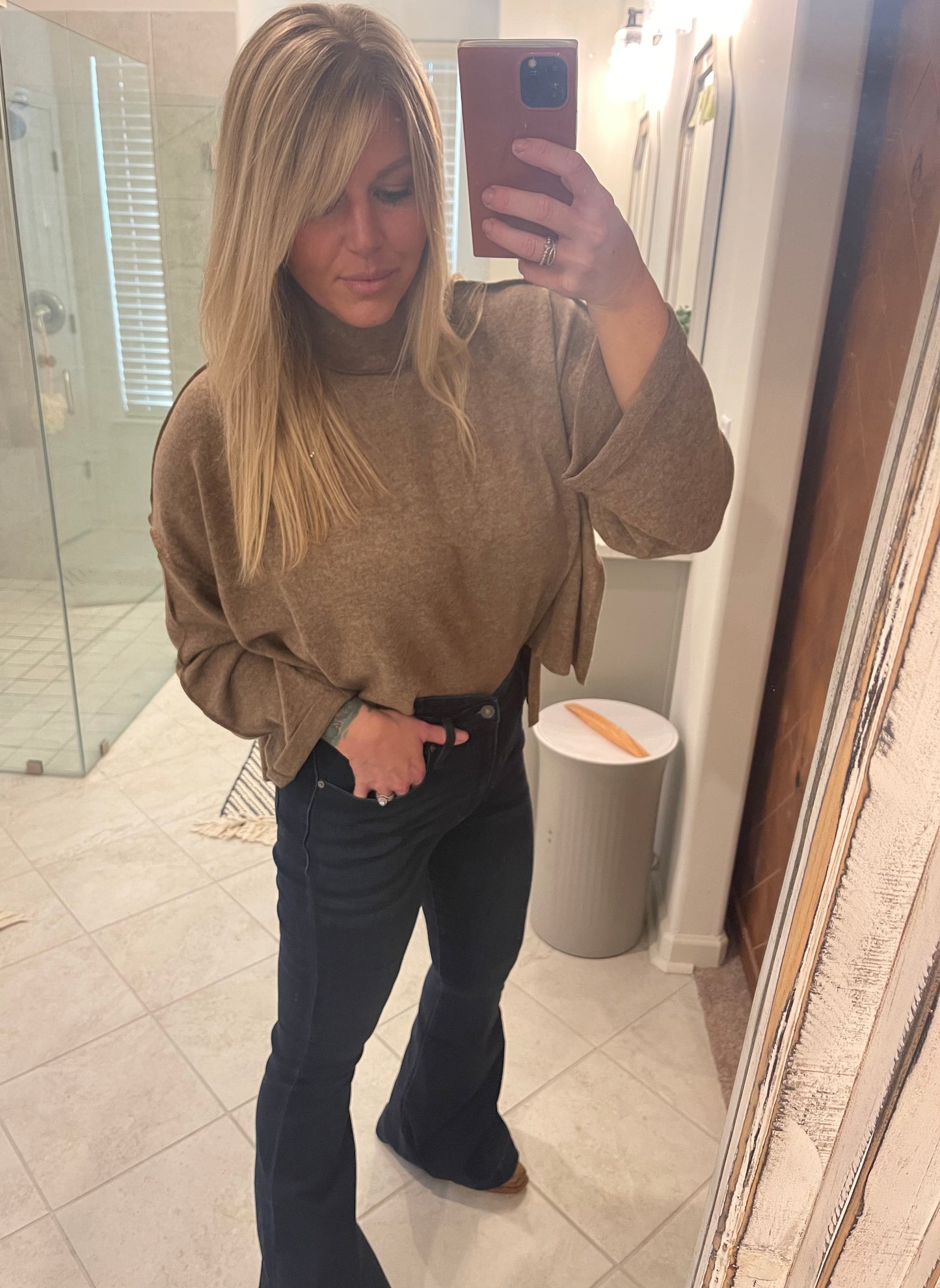 Mocha Side slit mock neck sweater