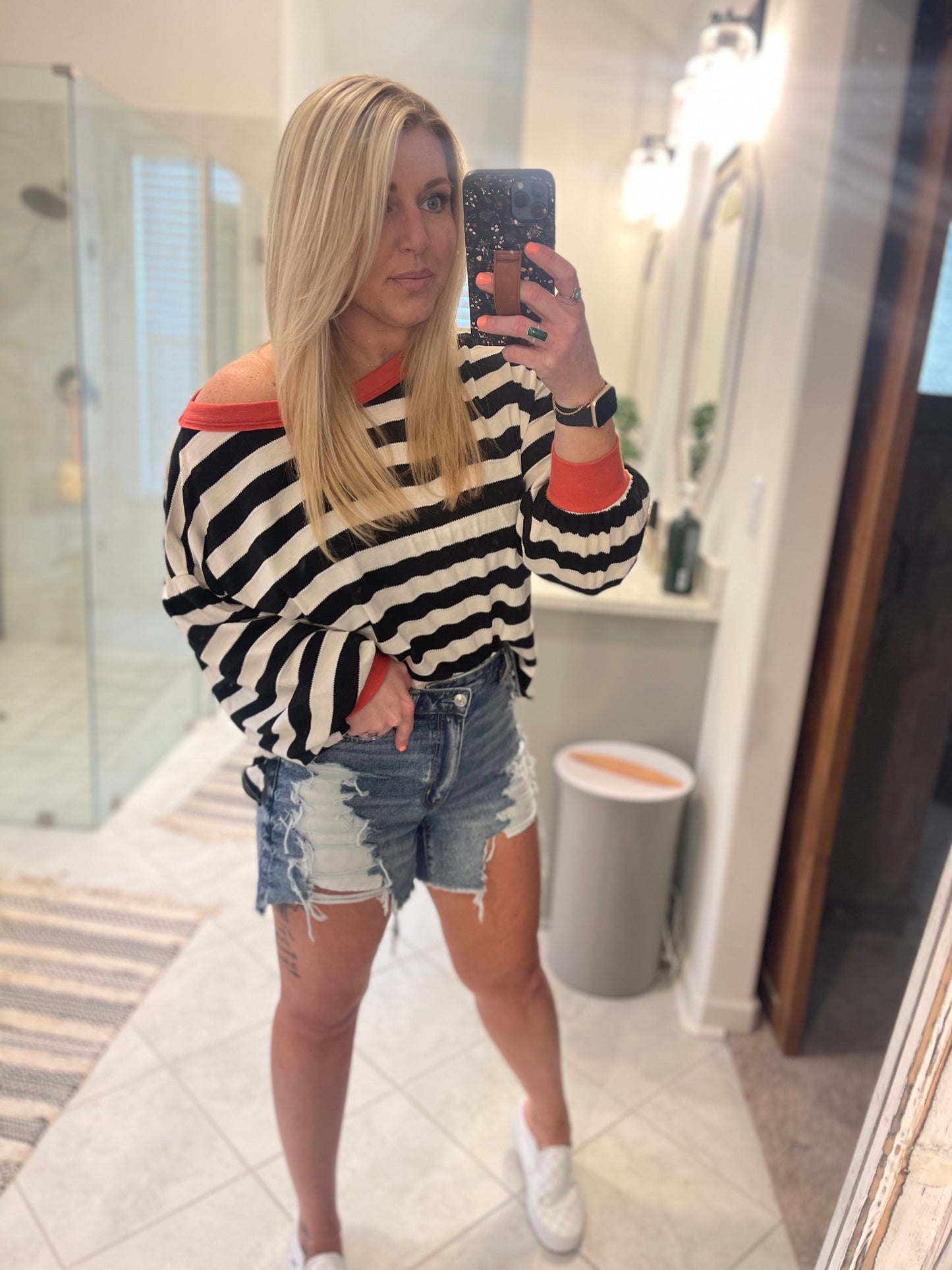 Striped balloon sleeve blouse